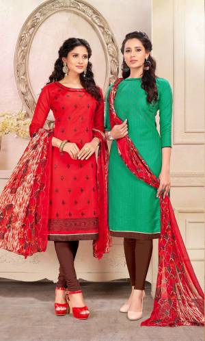 For A Simple Festive Look, Grab This Pretty Dress Material Containing Two Top With Single Bottom And Dupatta. Its Red Colored Top Is Fabricated On Cotton And Green One Is Chanderi Based Paired With Brown Colored Cotton Bottom And Red Colored Chiffon Dupatta. All ITs Fabrics Esnures Superb Comfort All Day Long. 