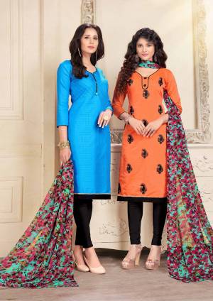 This Festive Season, Grab Two Dresses In Price Of One, Grab This Dress Material With Two Tops One In Blue And Another In Black  Color Paired With Black Colored Bottom And Multi Colored Dupatta Dupatta. Blue Is Cotton Based And Orange Is Chanderi Fabricated Paired With Cotton Bottom And Chiffon Dupatta. Get This Pair Of Dress Material Now.