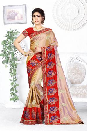 Here Is A Beautiful Designer Saree In Golden Color Paired With Contrasting Red Colored Blouse. This Saree And Blouse are Silk Based Beautified With Contrasting Embroidery Making It More Attractive. Buy This Designer Saree Now.