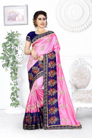 Look Pretty In This Designer Pink Colored Saree Paired With Contrasting Royal Blue Colored Blouse. This Saree And Blouse Are Silk Based Beautified With Attractive Embroidery. Buy This Designer Saree Now.