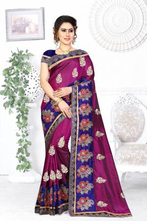 Look Pretty In This Designer Magenta Pink Colored Saree Paired With Contrasting Navy Blue Colored Blouse. This Saree And Blouse Are Silk Based Beautified With Attractive Embroidery. Buy This Designer Saree Now.