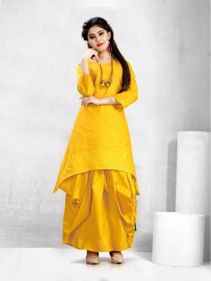 Get Ready For The Upcoming Festive Season With This Readymade Dhoti Kurta Set In Yellow Color. This Pretty Kurta And Dhoti Are Fabricated On Cotton Slub And Also It Is Available In All Regular Sizes. Buy Now.