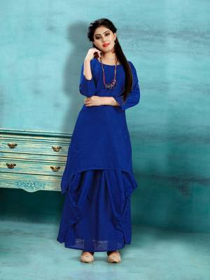 Get Ready For The Upcoming Festive Season With This Readymade Dhoti Kurta Set In Royal Blue Color. This Pretty Kurta And Dhoti Are Fabricated On Cotton Slub And Also It Is Available In All Regular Sizes. Buy Now.