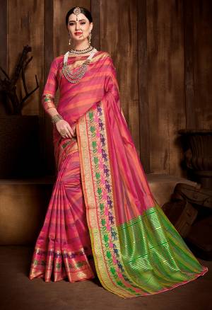 Grab This Designer Silk Based Saree In Rani Pink Color Paired With Rani Pink Colored Blouse. This Saree And Blouse are Fabricated On Banarasi Art Silk Beatified With Attractive Weave All Over. Buy Now.