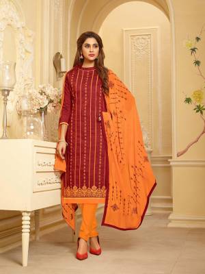 Grab This Pretty Dress Material For This Summer And Get This Stitched As Per Your Desired Fit And Comfort. Its Top Is Fabricated On South Cotton Slub Paired With Cotton Bottom And Chiffon Dupatta. Its Top And Dupatta Are Beautified With Thread Work. 