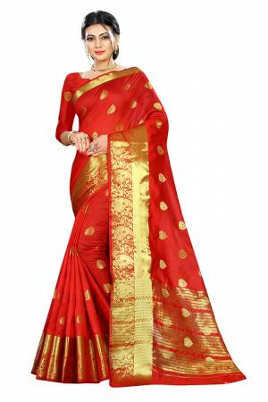Beat This Heat This Summer Wearing This Pretty Attractive Red Colored Saree. This Saree And Blouse Are Fabricated On Cotton Silk Beautified With Weave Butti All Over. Also It Is Light In Weight And Easy To Carry All Day Long. 