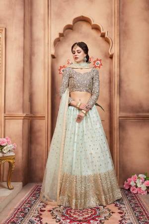 You Will Definitely Earn Lots Of Compliments In This Designer Lehenga Choli With Pastel Shades. Its Blouse Is In Grey Color Paired With Aqua Blue Colored Lehenga And Dupatta. It Is Fabricated On Art Silk Paired With Net Fabricated Lehenga And Dupatta. It Is Beautified With Attractive Embroidery.