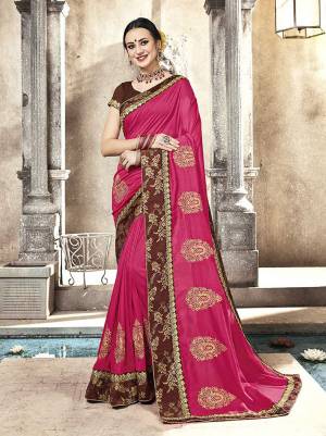 Shine Bright Wearing This Designer Saree In Dark Pink Color Paired With Brown Colored Blouse. This Saree And Blouse Are Silk Based Beautified with Embroidery. Buy Now.