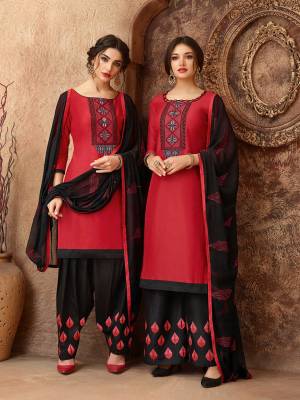 Add This Pretty Dress Material In Red And Black Color For Your Casual Wear, This Dress Material Is Cotton based Paired With Chiffon Fabricated Dupatta. Get This Stitched As Per Your Desired Fit And Comfort. Buy Now.
