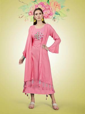 Beautiful Jacket Patterned Designer Readymade Kurti Is Here In Pink Color Fabricated On Rayon. It Has Pretty Thread Work Over The Yoke Making This Kurti More Attractive, Buy Now.