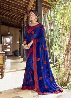 Celebrate This Festive Season Wearing This Designer Silk Based Saree In Royal Blue Color Paired With Royal Blue Colored Blouse. This Saree Is Fabricated On Georgette Paired With Art Silk Fabricated Blouse Beautified With Thread Embroidery And Stone Work