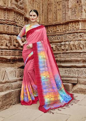 Look Pretty In This Designer Pink Colored Saree Paired With Multi Colored Blouse. This Saree And Blouse Are Fabricated On Khadi Silk Beautified With Multi Colored Abstract Prints Over The Pallu. 
