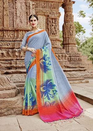 New And Unique Patterned Printed Saree Is Here In Light Grey And Multi Color Paired With Light Grey Colored Blouse. This Saree And Blouse Are Fabricated On Khadi Silk Beautified With Bold Floral Prints Over The Border. 