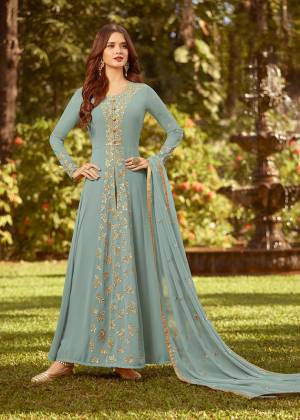 Look Pretty In This Designer Floor Length Suit In Steel Blue Colored Top Paired With Steel Blue Colored Bottom And Dupatta. Its Top And Dupatta Are Fabricated On Georgette paired With Santoon Bottom. Buy This Now.