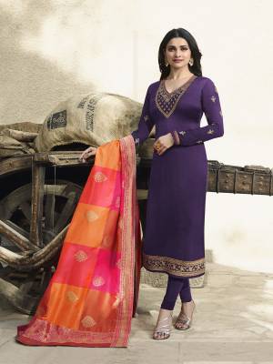 Grab This Beautiful Designer Straight Suit In Purple Colored Top And Bottom Paired With Contrasting Orange And Pink Colored Dupatta. Its Pretty Embroidered Top Is Fabricated On Satin Georgette Paired With Santoon Bottom And Banarasi Art Silk Dupatta. 