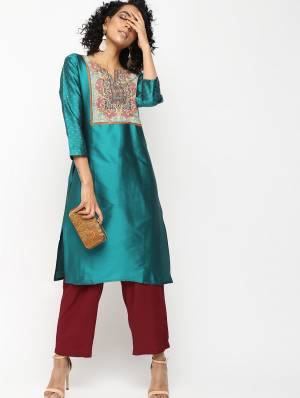 For Your Semi-Casuals, Grab This Designer Readymade Straight Kurti In Teal Blue Color Fabricated On Tafeta Art Silk. It Is Beautified With Prints Over Yoke And Stone Work On Sleeves. It IS Available In All Regular Sizes. Buy Now.