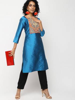 Celebrate This Festive Season With Beauty And Comfort Wearing This Designer Readymade Kurti In Royal Blue Color Fabricated On Tafeta Art Silk Beautified With Prints And Stone Work. 