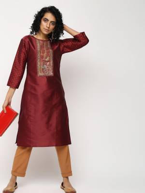 For Your Semi-Casuals, Grab This Designer Readymade Straight Kurti In Maroon Color Fabricated On Tafeta Art Silk. It Is Beautified With Prints Over Yoke And Stone Work On Sleeves. It IS Available In All Regular Sizes. Buy Now.