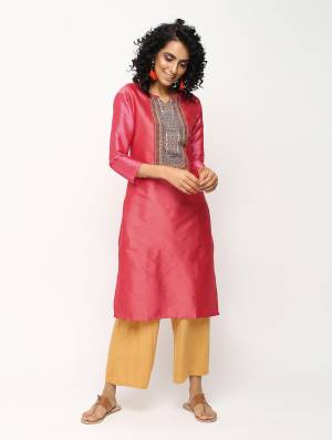 For Your Semi-Casuals, Grab This Designer Readymade Straight Kurti In Dark Pink Color Fabricated On Tafeta Art Silk. It Is Beautified With Prints Over Yoke And Stone Work On Sleeves. It IS Available In All Regular Sizes. Buy Now.