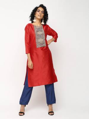 For Your Semi-Casuals, Grab This Designer Readymade Straight Kurti In Red Color Fabricated On Tafeta Art Silk. It Is Beautified With Prints Over Yoke And Stone Work On Sleeves. It IS Available In All Regular Sizes. Buy Now.