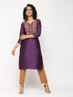 For Your Semi-Casuals, Grab This Designer Readymade Straight Kurti In Purple Color Fabricated On Tafeta Art Silk. It Is Beautified With Prints Over Yoke And Stone Work On Sleeves. It IS Available In All Regular Sizes. Buy Now.