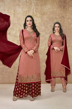 Grab This Designer Suit With Two Bottom So That You Can Pair It Up As PerThe Occasion. Its Top Is In Dark Peach Colored Paired With A Dark Peach Colored Bottom and Another Bottom In Maroon Color Paired With Maroon Colored Dupatta. This Pretty Suit Is Fabricated On Satin Georgette Paired With Santoon Bottom and Chiffon Dupatta. Its Another Bottom Is Fabricated On Banarasi Jacquard. 