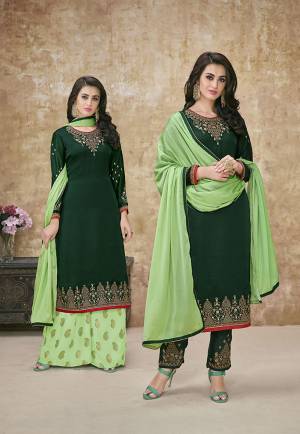 Celebrate This Festive Season With Beauty And Comfort Wearing This Designer Suit Which Comes With Two Bottoms. This Pretty Suit Is In Dark Green Color Paired With One Dark Green Colored Bottom And Another Light Green Colored Bottom And Dupatta.Its Satin Georgette Top And Santoon Bottom Are Beautified With Embroidery And Another Bottom Is Fabricated On Banarasi Jacquard And Chiffon Dupatta. 