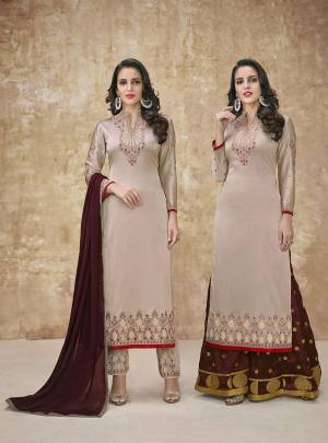 Grab This Designer Suit With Two Bottom So That You Can Pair It Up As PerThe Occasion. Its Top Is In Sand Grey Colored Paired With A Sand Grey Colored Bottom and Another Bottom In Dark Brown Color Paired With Dark Brown Colored Dupatta. This Pretty Suit Is Fabricated On Satin Georgette Paired With Santoon Bottom and Chiffon Dupatta. Its Another Bottom Is Fabricated On Banarasi Jacquard. 