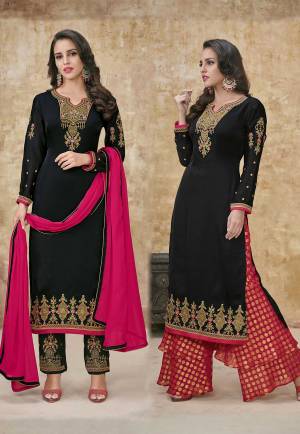 Celebrate This Festive Season With Beauty And Comfort Wearing This Designer Suit Which Comes With Two Bottoms. This Pretty Suit Is In Black Color Paired With One Black Colored Bottom And Another Fuschia Pink Colored Bottom And Dupatta.Its Satin Georgette Top And Santoon Bottom Are Beautified With Embroidery And Another Bottom Is Fabricated On Banarasi Jacquard And Chiffon Dupatta. 
