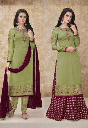 Grab This Designer Suit With Two Bottom So That You Can Pair It Up As PerThe Occasion. Its Top Is In Light Green Colored Paired With A Light Green Colored Bottom and Another Bottom In Wine Color Paired With Wine Colored Dupatta. This Pretty Suit Is Fabricated On Satin Georgette Paired With Santoon Bottom and Chiffon Dupatta. Its Another Bottom Is Fabricated On Banarasi Jacquard. 