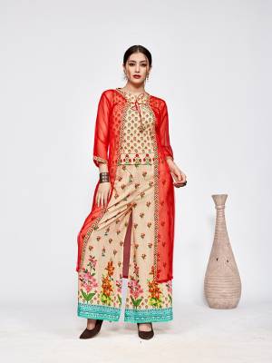 New And Unique Patterned Designer Indo-Western Pair Is Here In Beige Colored Top And Bottom Paired With A Red Colored Jacket. This Pretty Readymade Pair Is Fabricated On Muslin Beautified With Prints Paired With A Jacket Fabricated On Orgenza. 