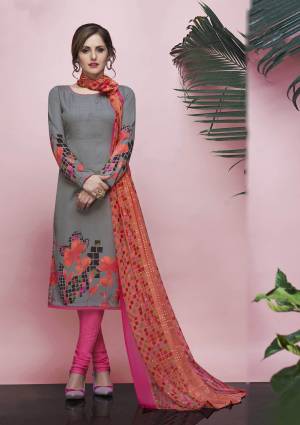 Rich And Elegant Looking Pretty Dress Material Is Here In Grey Colored Top Paired With Pink Colored Bottom And Contrasting Orange Colored Dupatta. Its Top And Bottom Are Fabricated On American Crepe Paired With Chiffon Fabricated Dupatta. 