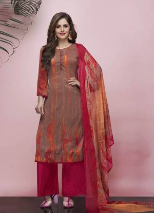 Beat The Heat This Summer With This Printed Suit In Brown Colored Top Paired With Red Colored Bottom And Red And Orange Colored Dupatta. This Dress Material Is Crepe Fabricated Paired With Chiffon Fabricated Dupatta. 