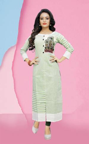 Grab This Pretty Striped Kurti In Light Green Color Fabricated On South Cotton. It Is Beautified With Lining Print And Embroidery. Buy This Readymade Kurti For These Summer. 