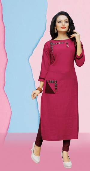 Shine Bright In This Designer Readymade Dark Pink Colored Kurti Fabricated On Cotton Beautified With Hand Work. This Kurti Ensures Superb Comfort All Day Long. 