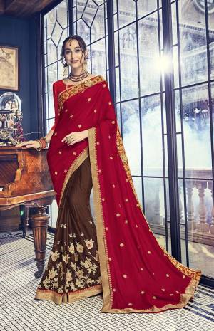 Grab This Designer And Attractive Looking Heavy Saree In Red And Brown Color Paired With Red Colored Blouse. This Saree Is Georgette Based Paired With Art Silk Fabricated Blouse. Its Pretty Attractive Embroidery And Easy Go Fabric Will Earn You Lots Of Compliments From Onlookers.