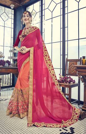 Go Colorful With This Designer Saree In Pink And Peach Color Paired With Maroon Colored Blouse. This Saree Is Fabricated On Georgette And Chiffon Paired With Art Silk Fabricated Blouse, Beautified With Attractive Embroidery.