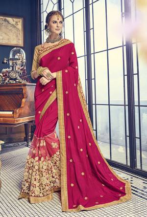Catch All the Limelight Wearing This Heavy Designer Saree In Dark Pink Color Paired With Beige Colored Blouse. This Saree Is Fabricated On Art Silk And Net Paired With Art Silk Fabricated Blouse. It Has Pretty Attractive Embroidery Over It. Buy Now.