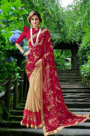 Evergreen Combination Is Here With This Designer Saree In Red And Beige Color Paired With Red Colored Blouse. This Saree Is Fabricated On Georgette Paired With Art Silk Fabricated Blouse. It Is Light In Weight And Easy To Carry All Day Long. 