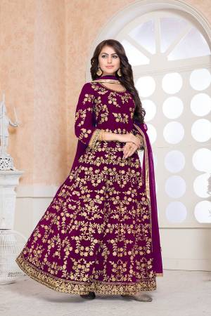 Grab This Heavy Designer Floor Length Suit For The Upcoming Festive And Wedding Season In This Pretty Wine Color. Its Heavy Embroidered Top Is Fabricated On Faux Georgette Paired With Santoon Bottom And Chiffon Fabricated Dupatta. Buy Now.