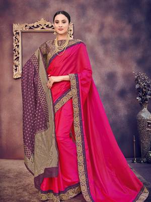 marvelously charming is what you will look at the next wedding gala wearing this beautiful Fuschia pink color two tone silk fabrics saree. Ideal for party, festive & social gatherings. this gorgeous saree featuring a beautiful mix of designs. Its attractive color and heavy designer silk saree, stone design, beautiful floral design Saree along with silk jacquard dupatta work over the attire & contrast hemline adds to the look. Comes along with a contrast unstitched blouse.
