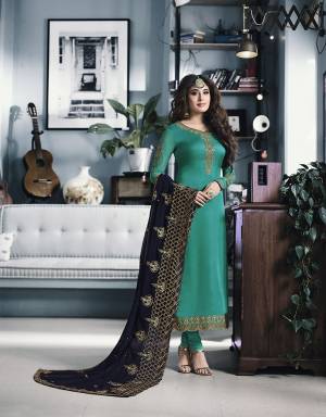 Grab This Designer Heavy Embroidered Straight Cut Suit In Sea Green Color Paired With Contrasting Navy Blue Colored Dupatta. Its Top Is Fabricated On Satin Georgette Paired With Santoon Bottom And Georgette Fabricated Dupatta. Its Top And Dupatta Are Beautified With Heavy Embroidery. 