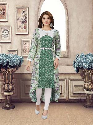 Grab This Pretty High Low Patterned Readymade Kurti In Green Color Fabricated On Rayon, It Is Beautified With Prints And Available In All Regular Sizes. 