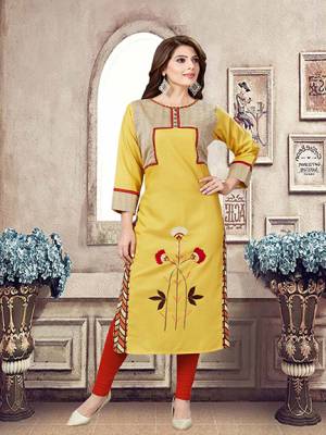 For Your Casual Or Semi-Casuals, Grab This Readymade Kurti In Yellow Color Fabricated On Linen. 