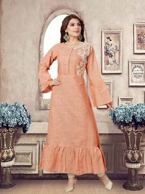 Look Pretty In This Maxi Patterned Designer Readymade Kurti In Peach Color Fabricated On Khadi Beautified With Pretty Thread Work .