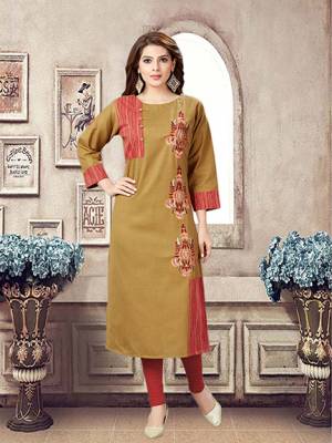 For Your Casual Or Semi-Casuals, Grab This Readymade Kurti In Brown Color Fabricated On Linen. 