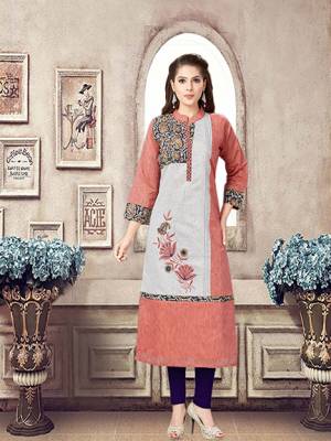 Add This Pretty Kurti To Your Wardrobe In Red And Grey Color Fabricated On Cotton Slub. This Readymade Kurti Is Beautified With Prints And Thread Work.