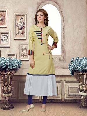 Grab This Pretty Unique Patterned Readymade Kurti In Pale Yellow And White Color Fabricated On Rayon, It Is Beautified With Prints And Available In All Regular Sizes. 