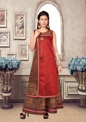 This Festive Season, Look The Most Simple And Elegant Of All With This Pretty Readymade Kurti In Red And Brown Color Fabricated Chanderi. It Is Beautified With Prints And Also Light Weight Which Is Easy To Carry All Day Long. 