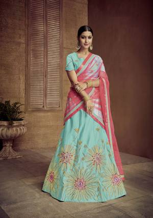 Grab This Designer Rich Looking Lehenga Choli In Sky Blue Color Paired With Contrasting Dark Pink Colored Dupatta. Its Blouse And Lehenga Are Fabricated On Satin Silk Paired With Net Fabricated Dupatta. Buy Now.